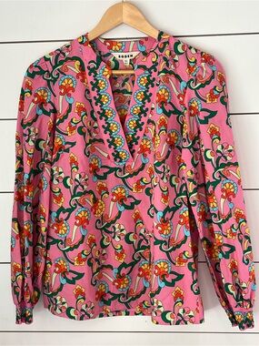 Boden Pink Rose Foilage Trail Print Blouse / 100% cotton/ retro coastal feminine